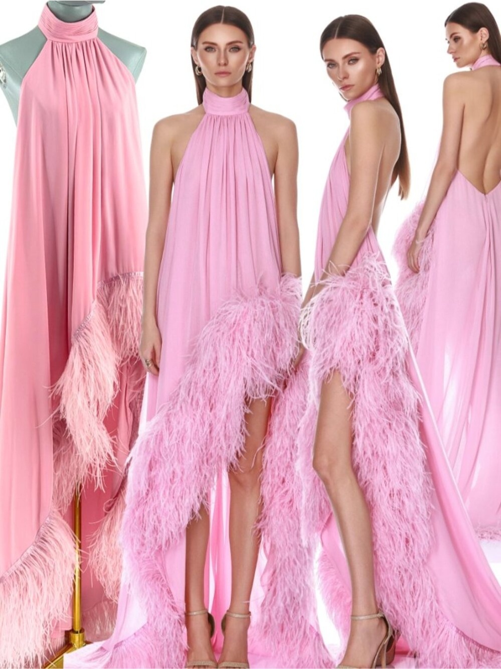 🆕 BRONX & BANCO 🧿 NWOT Madeline Halterneck Feathered Gown, Pink - Sz XS US 2